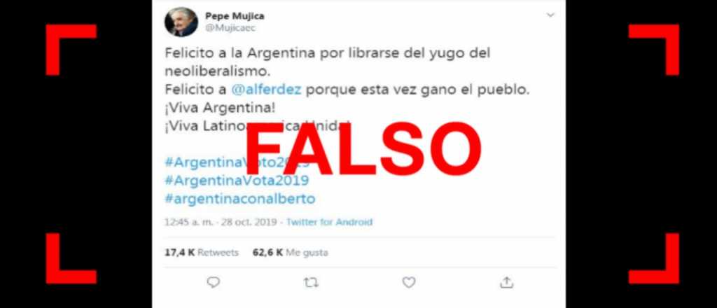 Es falso el tuit en el que el ex presidente uruguayo José Mujica felicitó a la Argentina y a Alberto Fernández por el triunfo del Frente de Todos