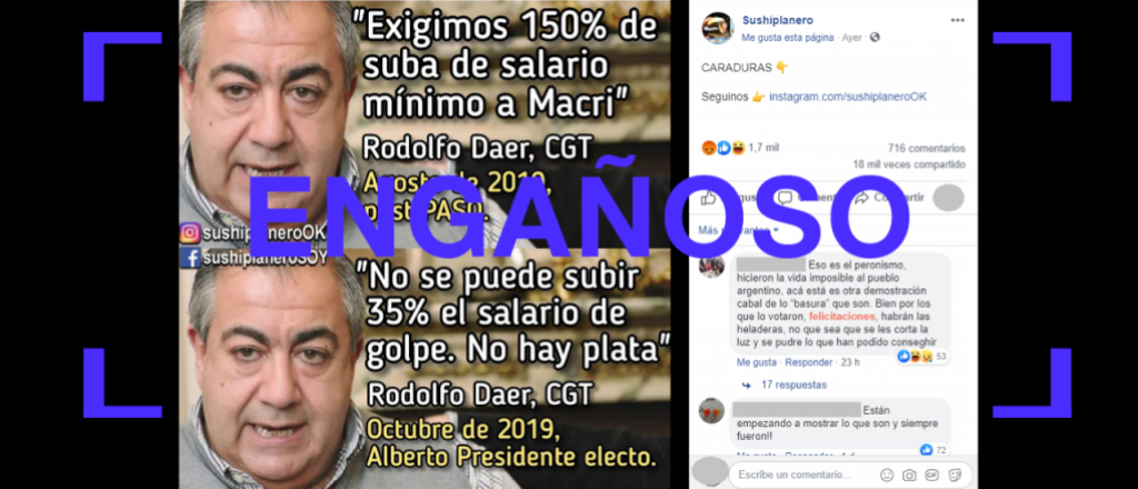 Es engañoso que el sindicalista Héctor Daer pasó de pedir 150% de suba en el salario mínimo a negarse ahora a un 35% de golpe