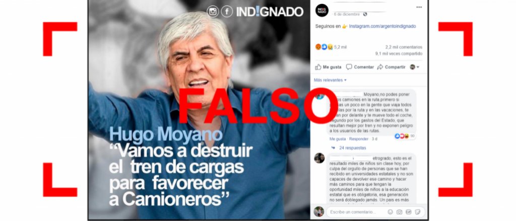 Es falso que Moyano dijo: "Vamos a destruir el tren de cargas para favorecer a camioneros (sic)"