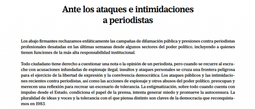 Más de 300 periodistas firmaron una solicitada en los principales diarios